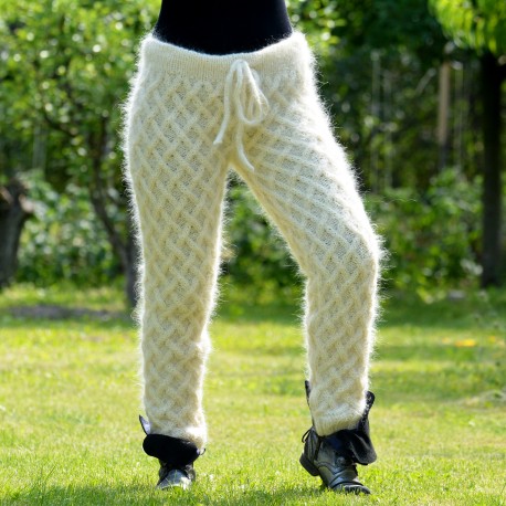Hand Cable Knitted Mohair Pants Off White Color Fuzzy Leggings