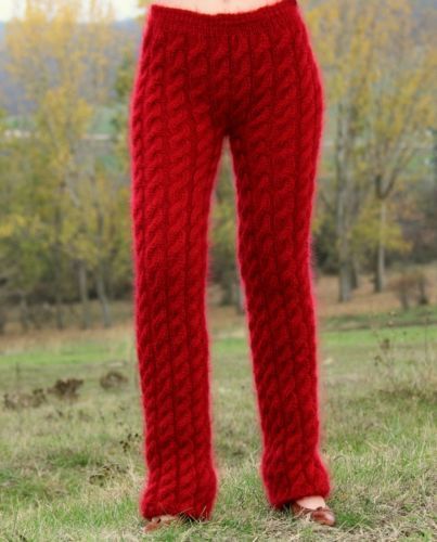 New hand knitted mohair pants EXTRA THICK FUZZY RED soft leg warmers