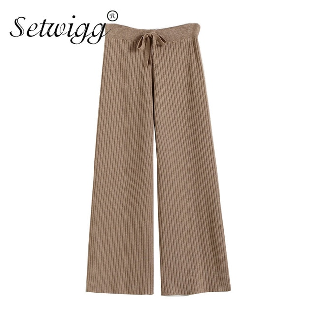 SETWIGG Womens Vetical Striped Wool Wide Leg Rib Knitted Pants