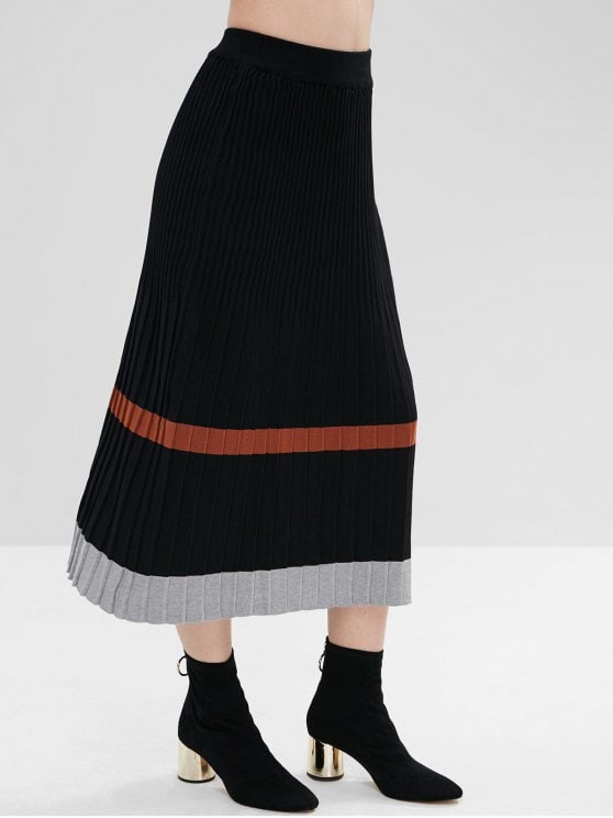 33% OFF] 2019 Maxi Contrast Knitted Skirt In BLACK ONE SIZE | ZAFUL