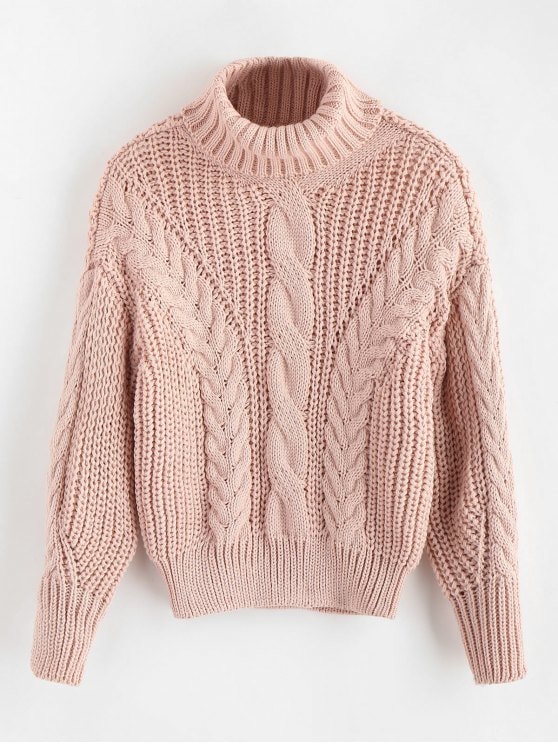 53% OFF] 2019 Turtleneck Chunky Cable Knitted Sweater In PINK ONE