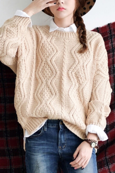Apricot Round Neck Long Sleeve Cable Knitted Sweater - Beautifulhalo.com