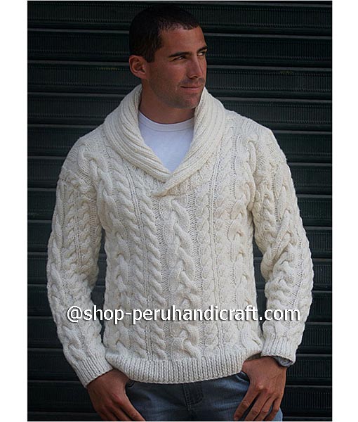 Aran sweater for men hand knitted with baby alpaca wool Free Shipping