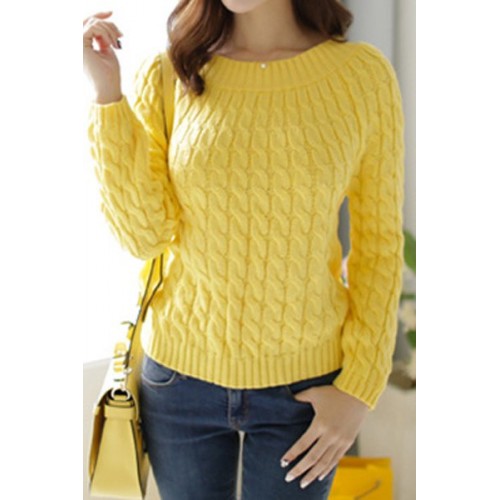Retro Style Women s Jewel Neck Long Sleeve Cable-Knit Sweater yellow