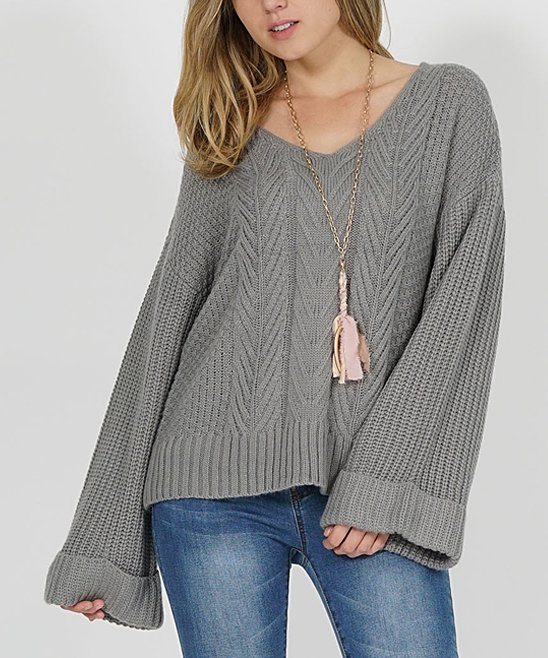 Heather Gray Oversize Bell-Sleeve Cable-Knit Sweater - Women | Zulily