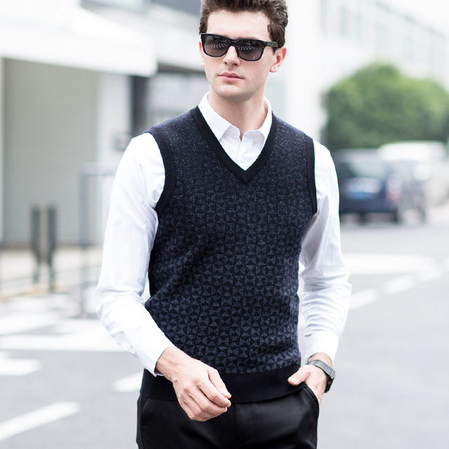 Autumn Winter Men Knitted Vest Pure Wool Sweater Thick Casual