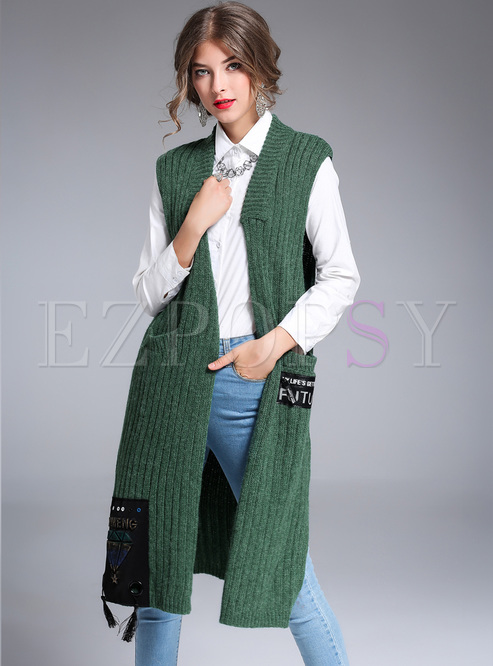 Outwear | Vests | Brief Green Patched Knitted Vest