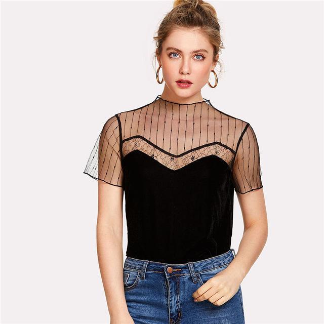 Women's Hallow Laced Sleeved Tops Fashion Designer T-Shirts
