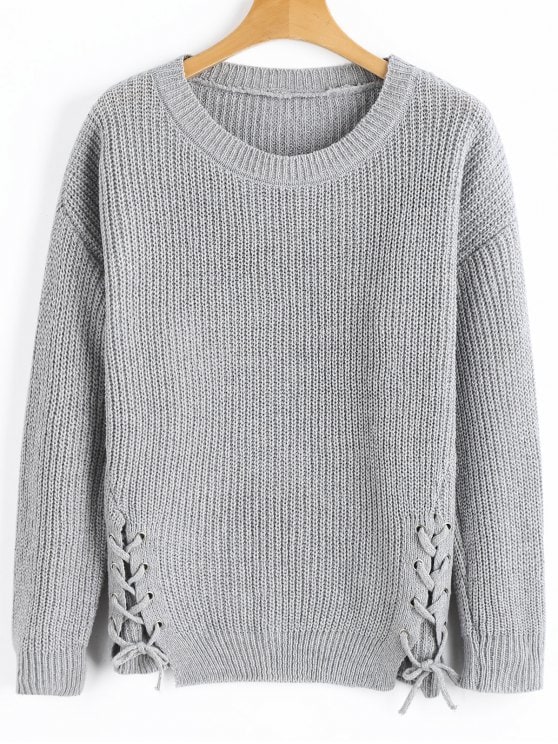31% OFF] 2019 Side Lace Up Ribbed Texture Sweater In GRAY ONE SIZE