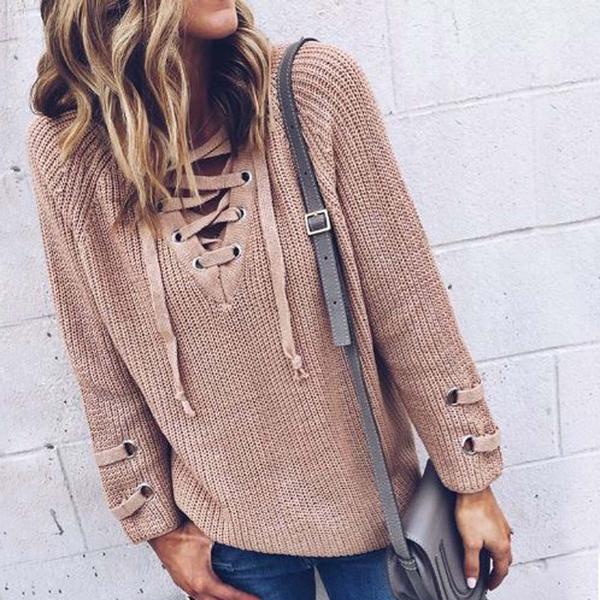 Stevie Lace-Up Sweater in Olive, Boho Lace-Up Sweaters from Spool 72
