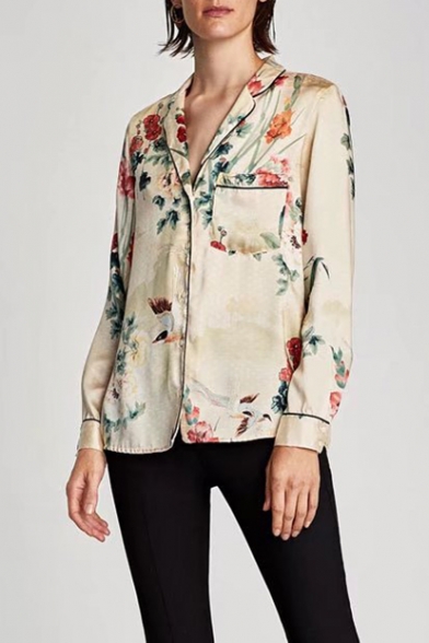 Fashion Floral Print Notched Lapel Collar Long Sleeve Shirt with