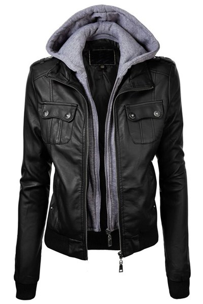 Fashionable Black Hooded Pocket Design Faux Leather Jacket For