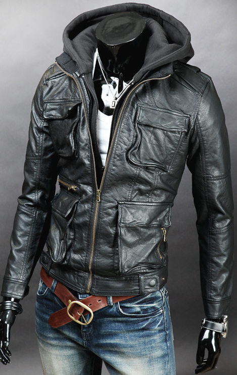 MEN DETACHABLE FABRIC HOODED LEATHER JACKET on Storenvy