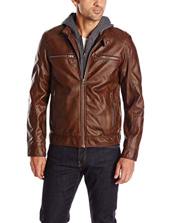 GUESS Men's Faux Leather Hooded Moto Jacket at Amazon Men's Clothing