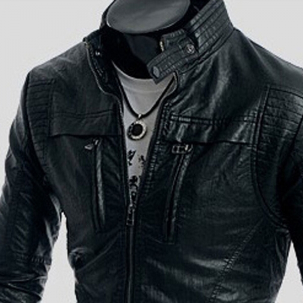 Autumn Style Stand Collar Double Zippers Men's PU Leather Jacket