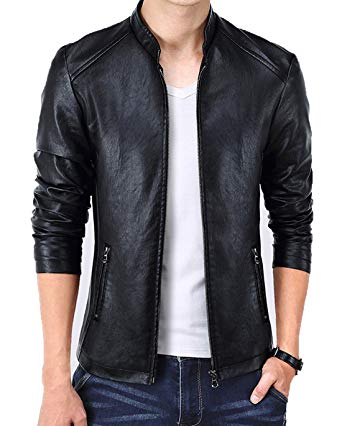 KIWEN Men's Vintage Stand Collar Leather Jacket at Amazon Men's