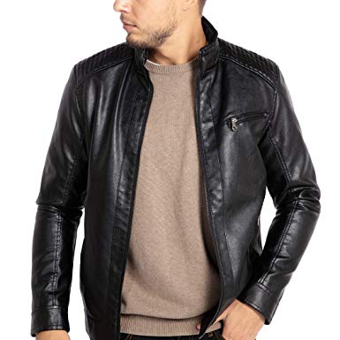 WULFUL Men's Stand Collar Leather Jacket Motorcycle Lightweight Faux