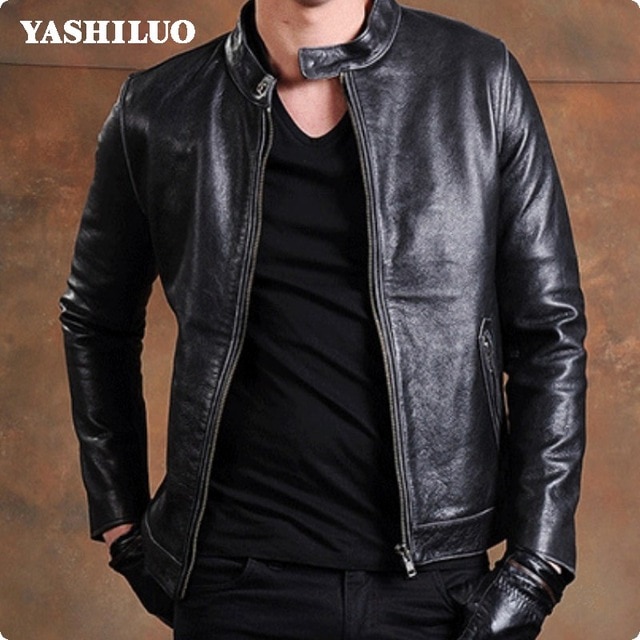 2019 Fashion Zipper 100% Real Leather Jacket Stand Collar Slim Fit