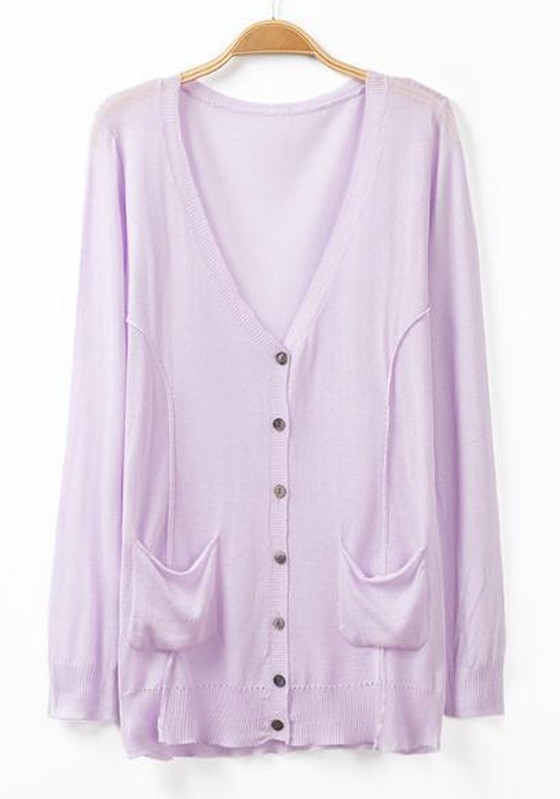 Light Purple Plain Pockets Long Sleeve Cardigan - Cardigans