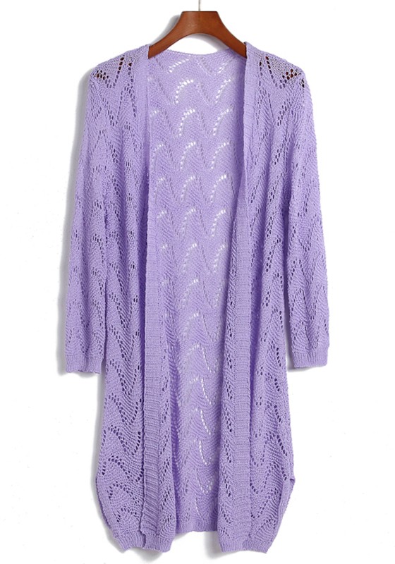 Purple Hollow-out Long Sleeve Loose Acrylic Cardigan - Cardigans