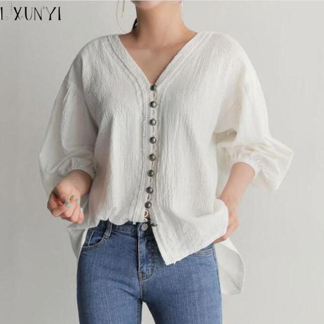 LXUNYI White Cotton Linen Blouse Women 2019 Spring Korean V Neck