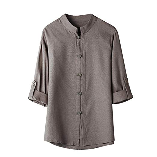 Auwer Linen Blouse Men, Mens Cotton Linen Hippie Shirts 3/4 Sleeve