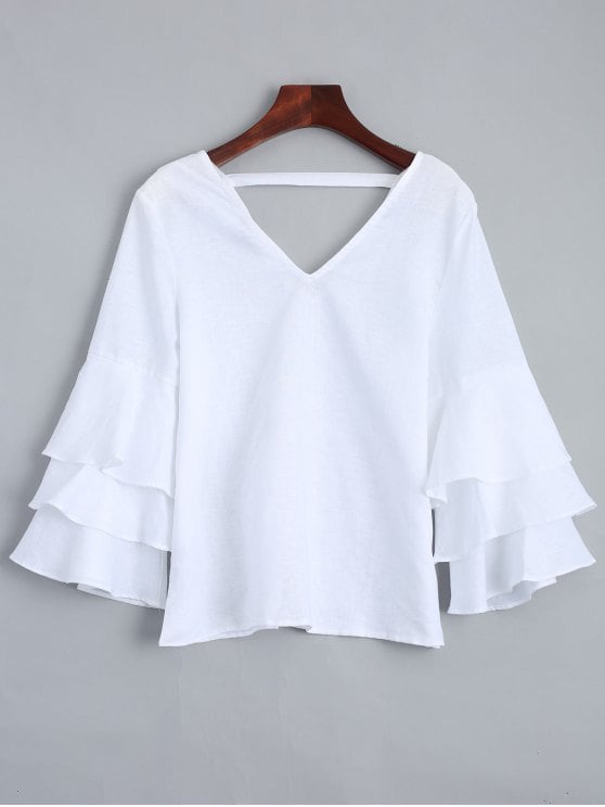26% OFF] 2019 Tiered Sleeve V Neck Linen Blouse In WHITE L | ZAFUL