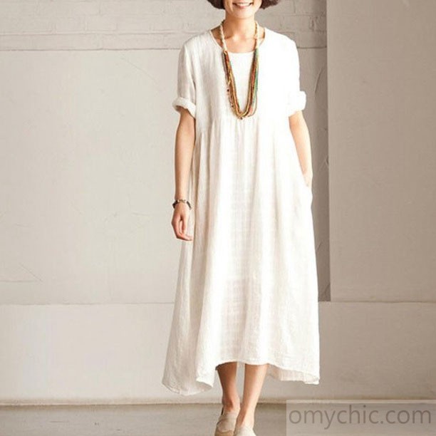Fine white Short sleeve linen dress summer long dress