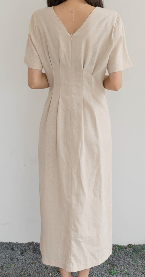 Elegant Linen Long Dresses Womens Clothing Summer V-neck Short Sleeved