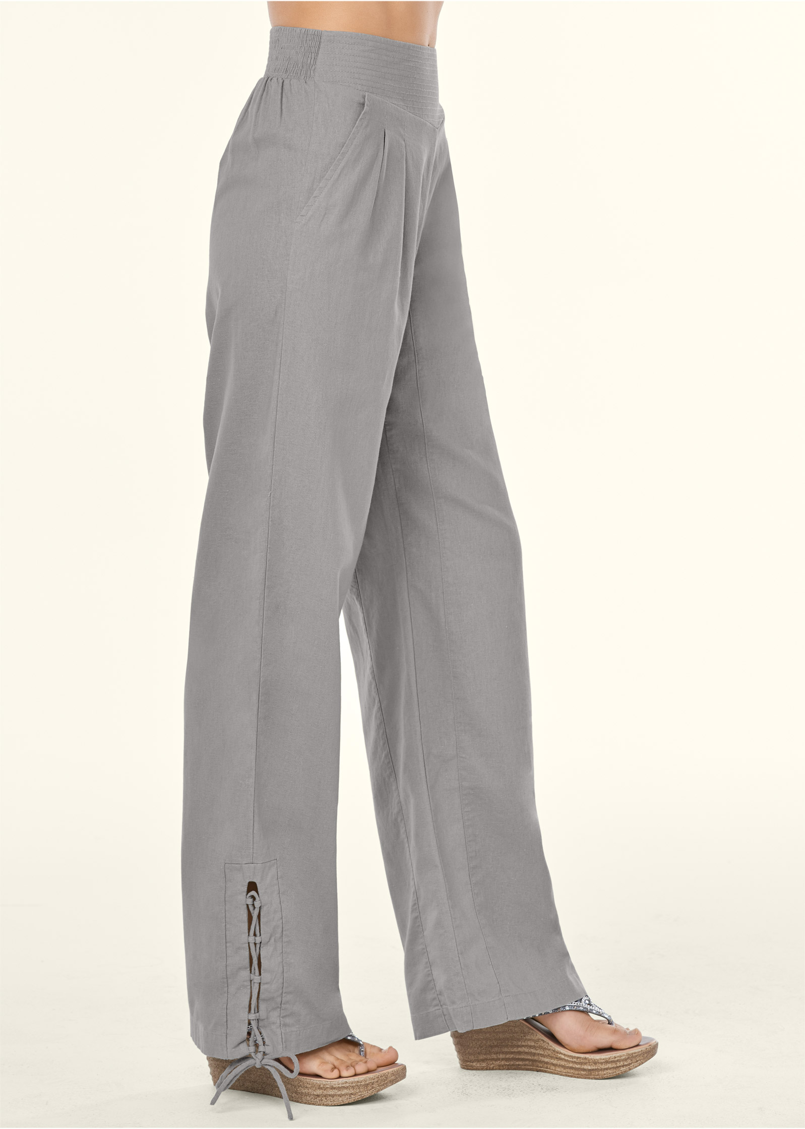 LACE UP DETAIL LINEN PANTS in Grey | Casual Pants | Venus