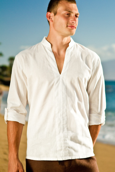 Men's Linen Open V-Neck Long Sleeve Shirt - Island Importer