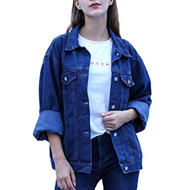 RJUP Oversized Denim Jackets for Women Long Sleeve Boyfriend Jean