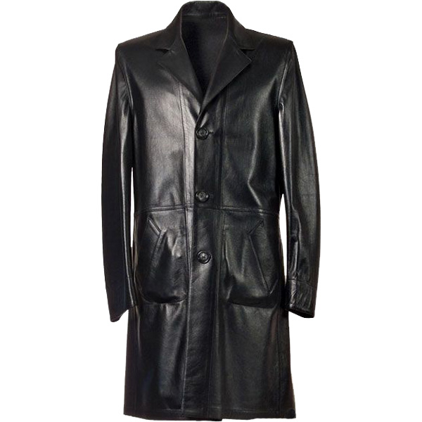 3-Button Long Leather Coat For Men - Leather Jackets USA