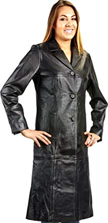 Ladies 3 Button Matrix Black Long Leather Coat at Amazon Women's