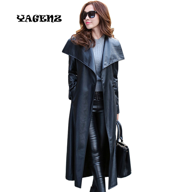 Plus Size M 3XL Vintage Black PU Leather Jacket Coat Women Long