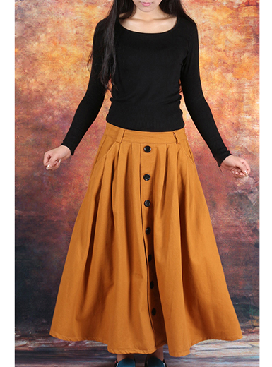 Womens Long Skirts - Baggy Style / Black Buttoned Skirt / Mustard Color