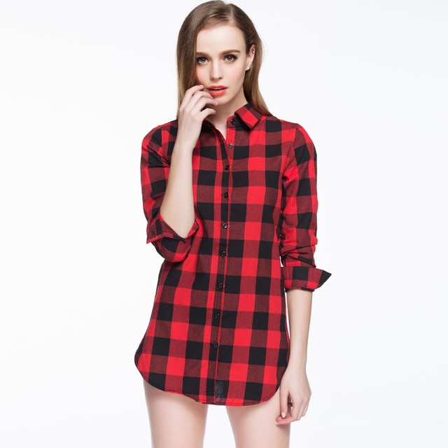 Hot Sale Women Blouses Long Shirts Single Breasted Plaid Cotton