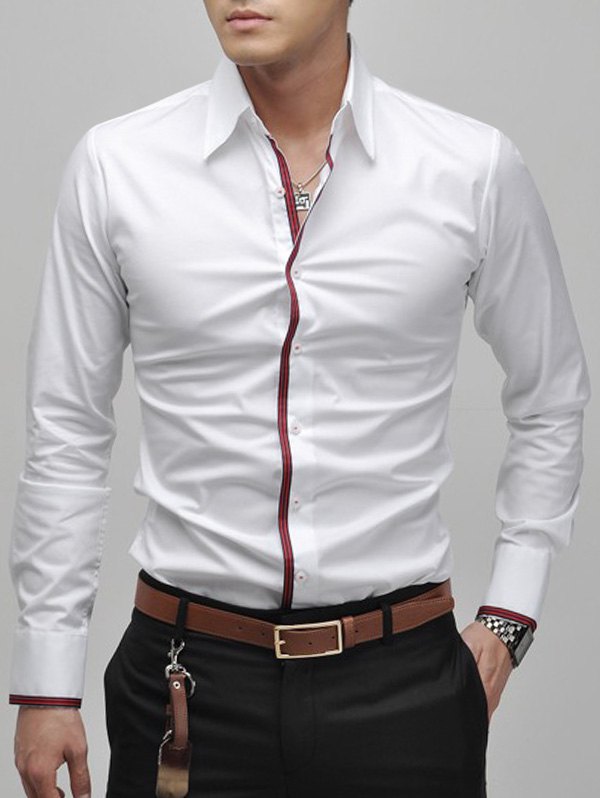 Slimming Lapel Striped Hem Long Sleeve Cotton Blend Casual Shirt