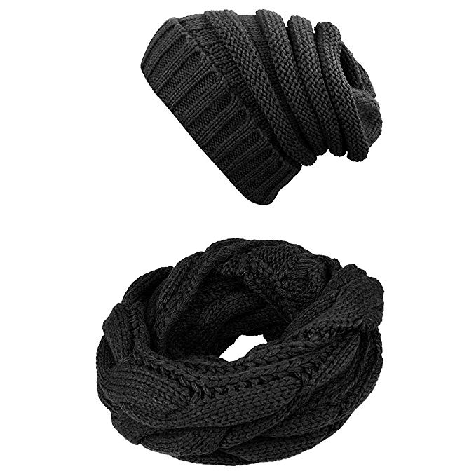 Knit Infinity Scarf Beanie Hat Set Women Winter Circle Loop Scarfs