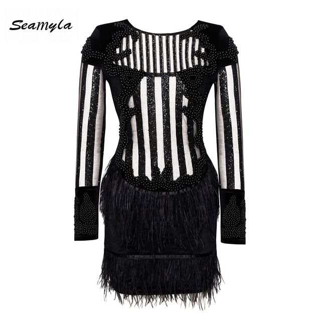 New Fashion Black Beaded Winter Dress Luxury Feathers Long Sleeve