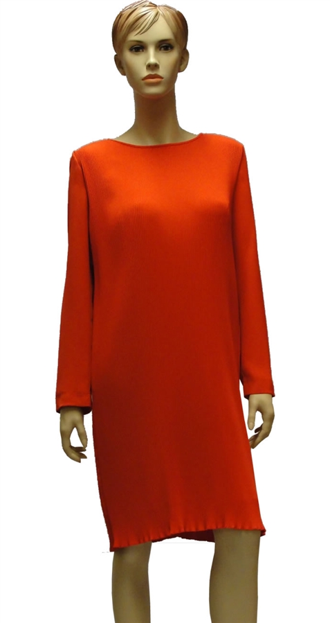 Marc Cain finely pleated, knee length deep coral dress with long
