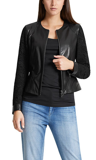 Leather jacket with lace sleeves | marc-cain.com/en