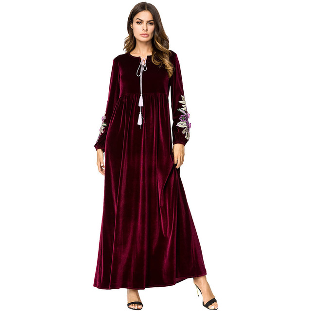 Velvet Embroidered Long Dress Autumn Winter 2019 Maxi Dresses for