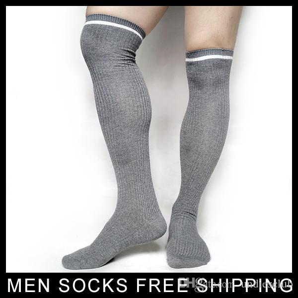 2019 Grey Cotton Mens Over Knee Socks Thigh Highs Formal Dress Sexy