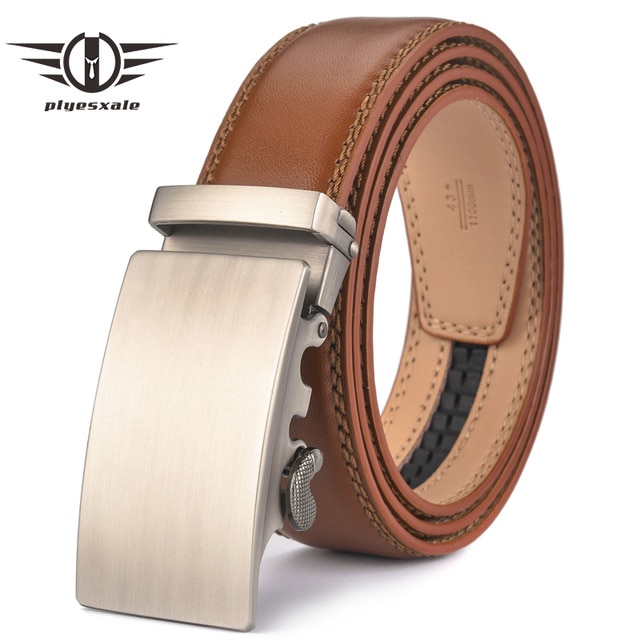 Plyesxale Brown Leather Belt Men 2018 Automatic Buckle Mens Belt For