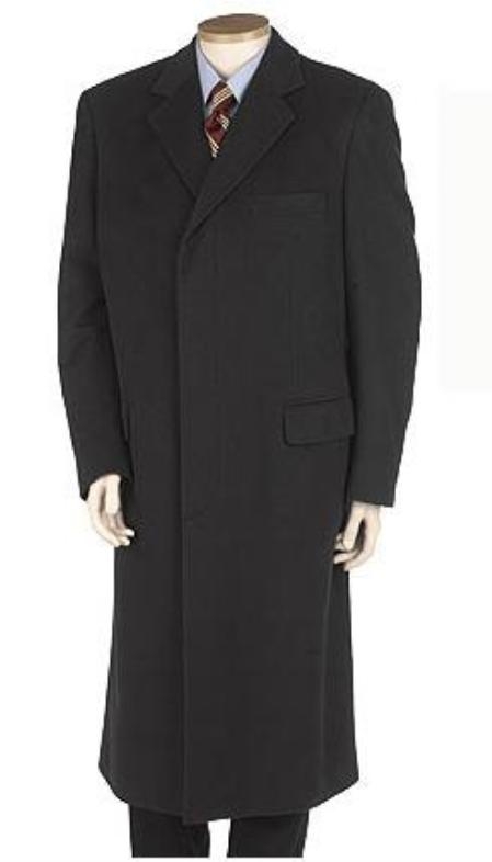 Men's Full Length Solid Black Overcoat Wool Blend Single Breasted 3
