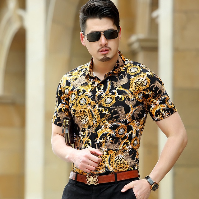 Luxury Brand Silk Leopard Print Shirts Men's Fashion Short Sleeve
