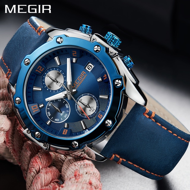 Megir 2018 New Fashion Mens Watches Top Brand Luxury Blue Leather