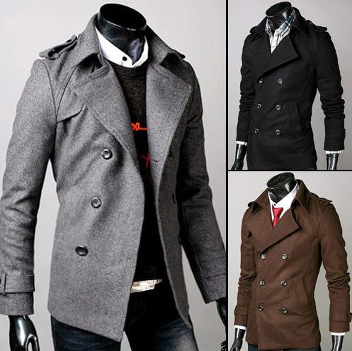 Double Breasted Mens Trench Coat Stylish Winter Pea Coats Shoulder