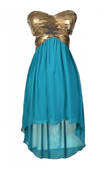 Green and Gold High Low Dress, Mermaid Dress, Teal and Gold Sequin